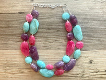 Load image into Gallery viewer, Bermuda Seascape Statement Necklace, Silver hot pink seafoam purple necklace, beaded chunky bib necklace, colorful island jewelry