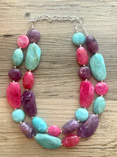 Load image into Gallery viewer, Bermuda Seascape Statement Necklace, Silver hot pink seafoam purple necklace, beaded chunky bib necklace, colorful island jewelry