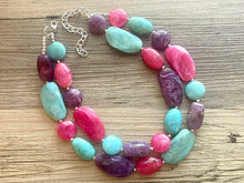 Load image into Gallery viewer, Bermuda Seascape Statement Necklace, Silver hot pink seafoam purple necklace, beaded chunky bib necklace, colorful island jewelry