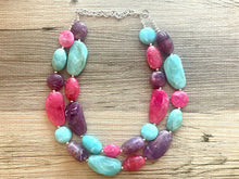 Load image into Gallery viewer, Bermuda Seascape Statement Necklace, Silver hot pink seafoam purple necklace, beaded chunky bib necklace, colorful island jewelry