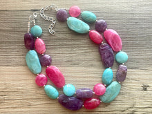 Load image into Gallery viewer, Bermuda Seascape Statement Necklace, Silver hot pink seafoam purple necklace, beaded chunky bib necklace, colorful island jewelry