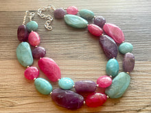 Load image into Gallery viewer, Bermuda Seascape Statement Necklace, Silver hot pink seafoam purple necklace, beaded chunky bib necklace, colorful island jewelry