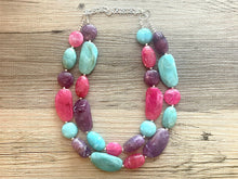 Load image into Gallery viewer, Bermuda Seascape Statement Necklace, Silver hot pink seafoam purple necklace, beaded chunky bib necklace, colorful island jewelry