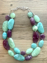Load image into Gallery viewer, Sydney Seascape Statement Necklace, Silver mint green seafoam purple necklace, beaded chunky bib necklace, colorful island jewelry