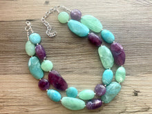 Load image into Gallery viewer, Sydney Seascape Statement Necklace, Silver mint green seafoam purple necklace, beaded chunky bib necklace, colorful island jewelry