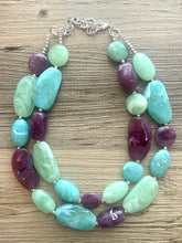 Load image into Gallery viewer, Sydney Seascape Statement Necklace, Silver mint green seafoam purple necklace, beaded chunky bib necklace, colorful island jewelry