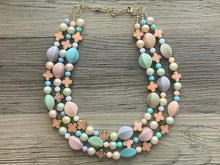 Load image into Gallery viewer, Flower Basket Necklace, Triple Pastel Rainbow Beaded Necklace, Colorful Jewelry, Chunky statement, rainbow baby confetti green pink coral