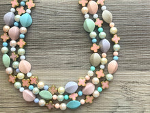 Load image into Gallery viewer, Flower Basket Necklace, Triple Pastel Rainbow Beaded Necklace, Colorful Jewelry, Chunky statement, rainbow baby confetti green pink coral