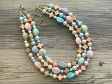Load image into Gallery viewer, Flower Basket Necklace, Triple Pastel Rainbow Beaded Necklace, Colorful Jewelry, Chunky statement, rainbow baby confetti green pink coral