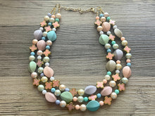 Load image into Gallery viewer, Flower Basket Necklace, Triple Pastel Rainbow Beaded Necklace, Colorful Jewelry, Chunky statement, rainbow baby confetti green pink coral