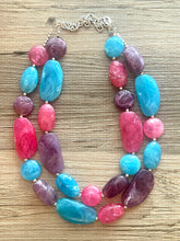 Load image into Gallery viewer, Miami Shore Statement Necklace, Silver hot pink aqua purple necklace, beaded chunky bib necklace, colorful island jewelry blue dark pink
