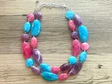 Load image into Gallery viewer, Miami Shore Statement Necklace, Silver hot pink aqua purple necklace, beaded chunky bib necklace, colorful island jewelry blue dark pink