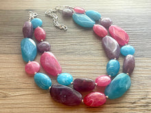 Load image into Gallery viewer, Miami Shore Statement Necklace, Silver hot pink aqua purple necklace, beaded chunky bib necklace, colorful island jewelry blue dark pink
