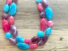 Load image into Gallery viewer, Miami Shore Statement Necklace, Silver hot pink aqua purple necklace, beaded chunky bib necklace, colorful island jewelry blue dark pink