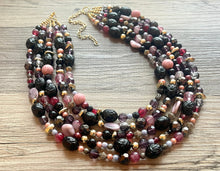 Load image into Gallery viewer, Black Jewel Tone Statement Necklace, Chunky 5 Strand Jewelry, black purple lavender red necklace, silver bib beaded necklace earrings