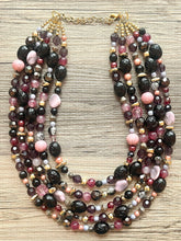 Load image into Gallery viewer, Black Jewel Tone Statement Necklace, Chunky 5 Strand Jewelry, black purple lavender red necklace, silver bib beaded necklace earrings