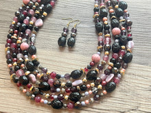 Load image into Gallery viewer, Black Jewel Tone Statement Necklace, Chunky 5 Strand Jewelry, black purple lavender red necklace, silver bib beaded necklace earrings