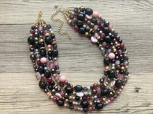 Load image into Gallery viewer, Black Jewel Tone Statement Necklace, Chunky 5 Strand Jewelry, black purple lavender red necklace, silver bib beaded necklace earrings