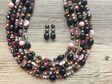 Load image into Gallery viewer, Black Jewel Tone Statement Necklace, Chunky 5 Strand Jewelry, black purple lavender red necklace, silver bib beaded necklace earrings