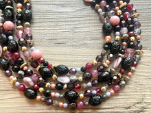 Load image into Gallery viewer, Black Jewel Tone Statement Necklace, Chunky 5 Strand Jewelry, black purple lavender red necklace, silver bib beaded necklace earrings