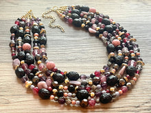 Load image into Gallery viewer, Black Jewel Tone Statement Necklace, Chunky 5 Strand Jewelry, black purple lavender red necklace, silver bib beaded necklace earrings