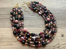 Load image into Gallery viewer, Black Jewel Tone Statement Necklace, Chunky 5 Strand Jewelry, black purple lavender red necklace, silver bib beaded necklace earrings