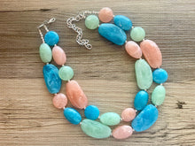 Load image into Gallery viewer, Charleston Statement Necklace, Silver peach aqua winter mint green necklace, beaded chunky bib necklace, colorful island jewelry