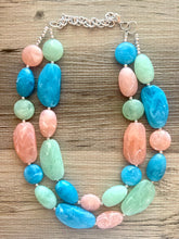 Load image into Gallery viewer, Charleston Statement Necklace, Silver peach aqua winter mint green necklace, beaded chunky bib necklace, colorful island jewelry