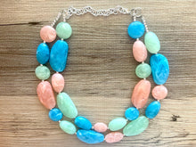 Load image into Gallery viewer, Charleston Statement Necklace, Silver peach aqua winter mint green necklace, beaded chunky bib necklace, colorful island jewelry