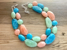 Load image into Gallery viewer, Charleston Statement Necklace, Silver peach aqua winter mint green necklace, beaded chunky bib necklace, colorful island jewelry