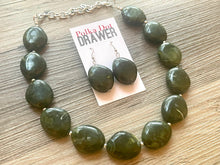 Load image into Gallery viewer, Olive Green Chunky Statement Necklace, Big beaded jewelry, Single Strand Statement Necklace, Bib necklace, green bridesmaid wedding, praline
