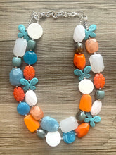 Load image into Gallery viewer, Blue Butterfly Chunky Statement Necklace double Strand Beaded jewelry, bridesmaid bib blue orange necklace, white aqua necklace