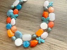 Load image into Gallery viewer, Blue Butterfly Chunky Statement Necklace double Strand Beaded jewelry, bridesmaid bib blue orange necklace, white aqua necklace
