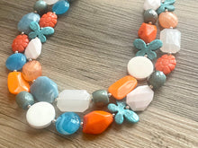Load image into Gallery viewer, Blue Butterfly Chunky Statement Necklace double Strand Beaded jewelry, bridesmaid bib blue orange necklace, white aqua necklace