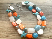 Load image into Gallery viewer, Blue Butterfly Chunky Statement Necklace double Strand Beaded jewelry, bridesmaid bib blue orange necklace, white aqua necklace
