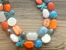 Load image into Gallery viewer, Blue Butterfly Chunky Statement Necklace double Strand Beaded jewelry, bridesmaid bib blue orange necklace, white aqua necklace