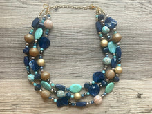 Load image into Gallery viewer, Royal Engagement Chunky Statement Necklace, gold bib necklace, tan champagne blue green, wedding bridesmaid chunky neutral