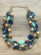 Load image into Gallery viewer, Royal Engagement Chunky Statement Necklace, gold bib necklace, tan champagne blue green, wedding bridesmaid chunky neutral