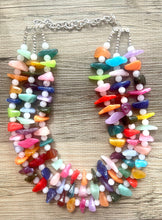 Load image into Gallery viewer, Triple Rainbow Chip Beaded Necklace, Colorful Jewelry, Chunky statement necklace, rainbow jewelry, rainbow baby confetti white ombré
