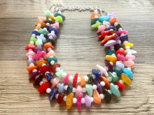 Load image into Gallery viewer, Triple Rainbow Chip Beaded Necklace, Colorful Jewelry, Chunky statement necklace, rainbow jewelry, rainbow baby confetti white ombré