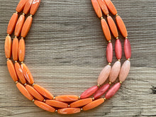 Load image into Gallery viewer, Clementine Sky Chunky 3 Strand Statement Necklace, Orange coral pink jewelry, orange color block statement, peach summer fall necklace