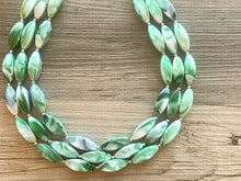 Load image into Gallery viewer, Green & White Tie Dye beaded statement necklace, triple strand necklace, white forest jewelry, big bead jewelry, summer necklace