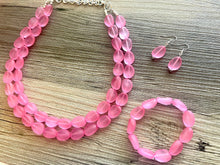 Load image into Gallery viewer, Cotton Candy Chunky Statement Necklace & Stretch Bracelet set, Double Strand Beaded Jewelry, Blush Pink jewelry bridesmaid silver jelly bean
