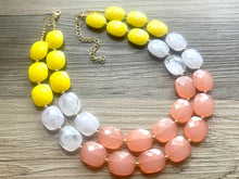 Load image into Gallery viewer, Sunshine & Sunsets Chunky Statement Necklace, coral white yellow beaded necklace, jewelry multi strand necklace pink peach