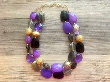 Load image into Gallery viewer, Singapore Neons chunky necklace, Wanderlust Collection beaded jewelry, resin beaded Ombré necklace, purple black gold resin
