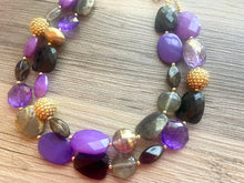 Load image into Gallery viewer, Singapore Neons chunky necklace, Wanderlust Collection beaded jewelry, resin beaded Ombré necklace, purple black gold resin