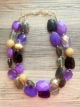 Load image into Gallery viewer, Singapore Neons chunky necklace, Wanderlust Collection beaded jewelry, resin beaded Ombré necklace, purple black gold resin