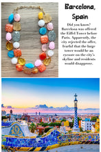 Load image into Gallery viewer, Barcelona Mosaic chunky necklace, Wanderlust Collection beaded jewelry, resin beaded Ombré necklace, purple pink blue gold resin
