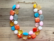 Load image into Gallery viewer, Barcelona Mosaic chunky necklace, Wanderlust Collection beaded jewelry, resin beaded Ombré necklace, purple pink blue gold resin
