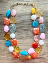 Load image into Gallery viewer, Barcelona Mosaic chunky necklace, Wanderlust Collection beaded jewelry, resin beaded Ombré necklace, purple pink blue gold resin